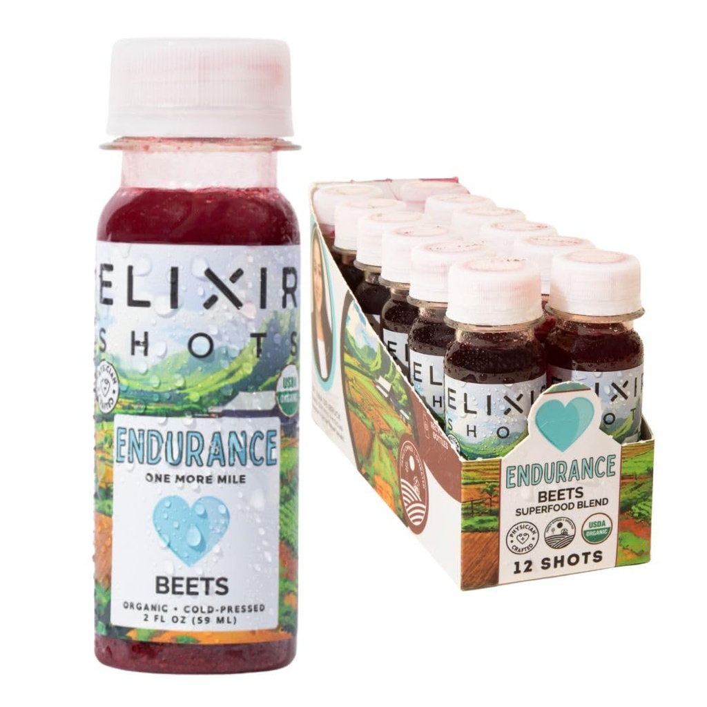 Elixir Shots, Endurance & Wellness Shot with Cold-Pressed 100% Organic Ingredients, Beet, Carrot, Celery, Lemon, No Added Sugars or Artificial Ingredients, 12 Pack