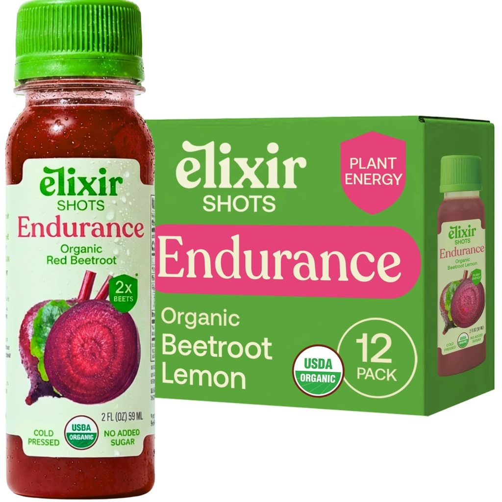 Elixir Shots, Endurance & Wellness Shot with Cold-Pressed 100% Organic Ingredients, Beet, Carrot, Celery, Lemon, No Added Sugars or Artificial Ingredients, 12 Pack