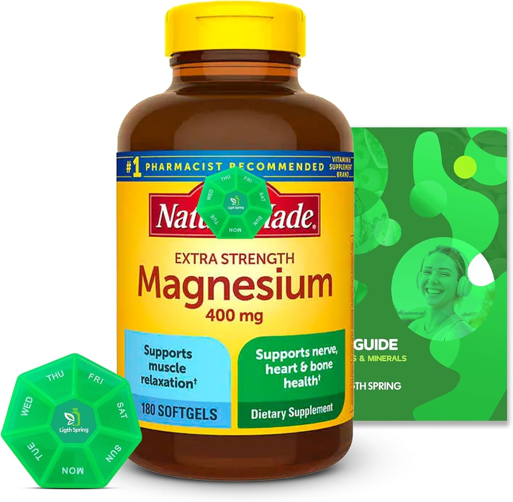 Magnesio 400mg 180 Cuenta con vitaminas y minerales exclusivos en el aglomerado - A a Z - Mejor guía de ligth reducidaSpring + Organizador semanal de píldoras (3 artículos)