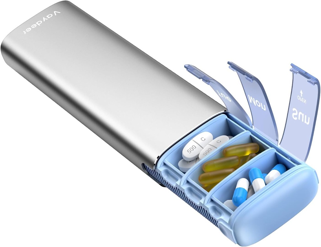 Vaydeer Metal Travel Pill Organizer, 7 Day Weekly Pill Box, Large Capacity Daily Cute Pill Fund for Supplements, Pills, Vitamins and Medication (Small,Sliver)