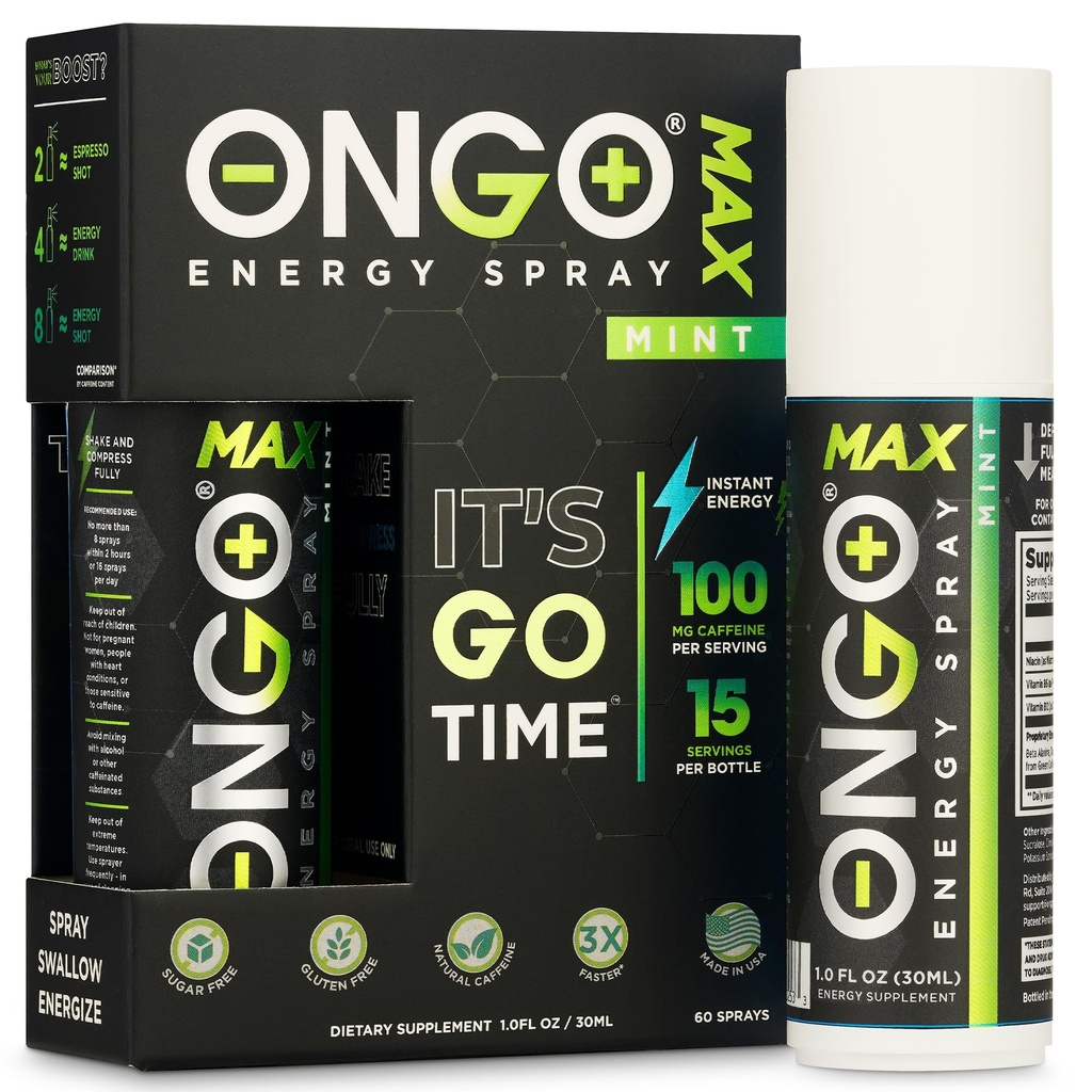 OnGo Energy - La cafeína natural (1500mg) Instant Energy Oral Spray ← Vegan, Sugar y Gluten libres Silencio B3, B6, B12 vitamina spray TEN Focus and Memory ← Estudio, Trabajo y mucho más ANTE Mint sabor TEN 15 porciones