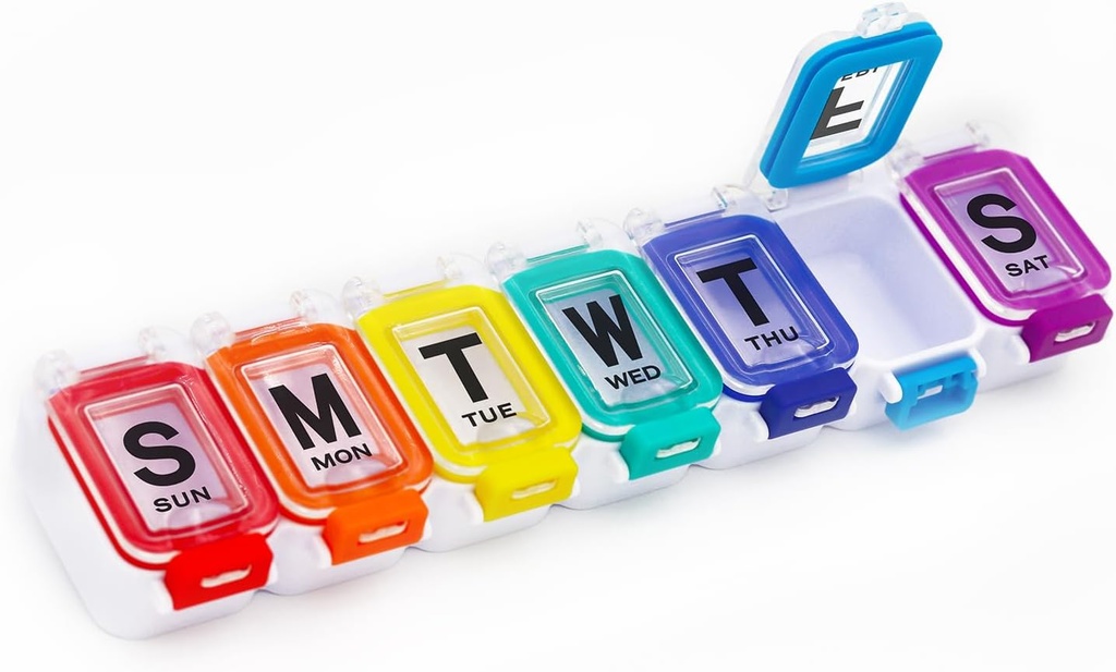 XL Organizador semanal de píldoras Artritis Friendly, Travel 7 Day Pill Box Case,Large Pill Case with Popup Open Design to Hold Vitamins, Fish Oil,Supplements and Medication (Lock 7 Days)