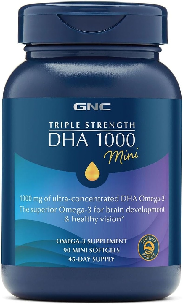 GNC triple fuerza DHA 1000 Mini Omega 3 Suplemento, 1000 mg, ultra concentrado, alta potencia, apoya el desarrollo del cerebro y la visión saludable, la carga, 90 mini Softgels, 45 SVG, 45 Day Supply