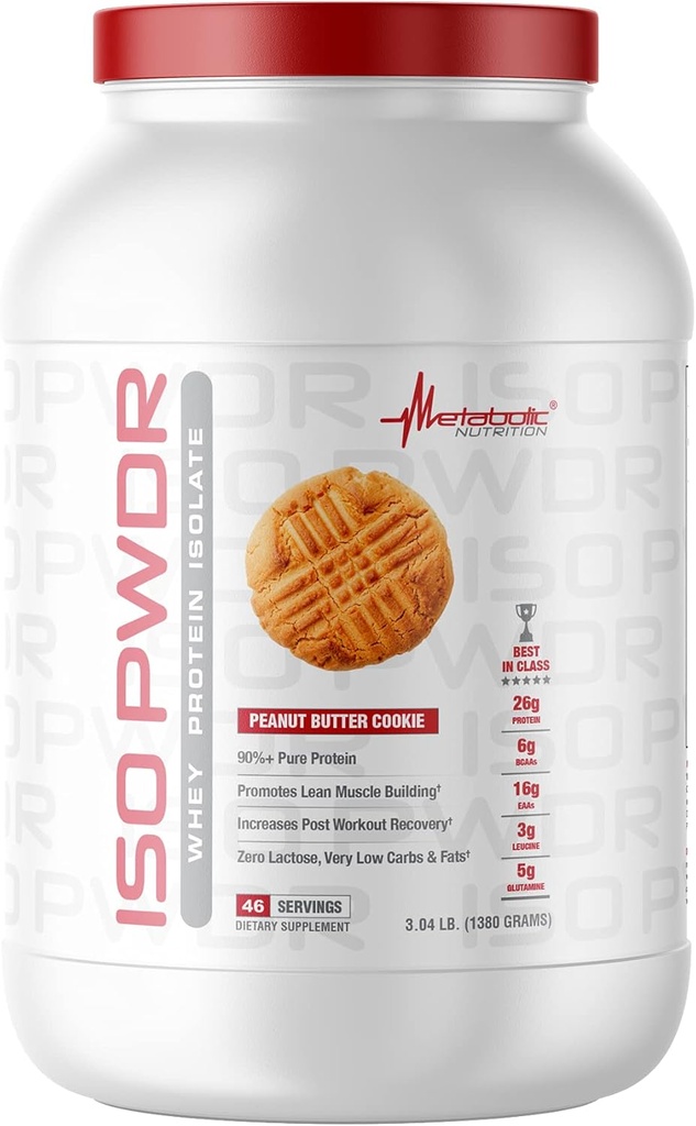 Nutrición metabólica Whey Protein Isolate ISO PWDR Peanut Butter Cookie, 3.04lb, 23 Servings, 26g Protein, Fast Digesting, Zero Carbs, Delicious Flavor, Very Low Carbs & Fat, Zero Lactose