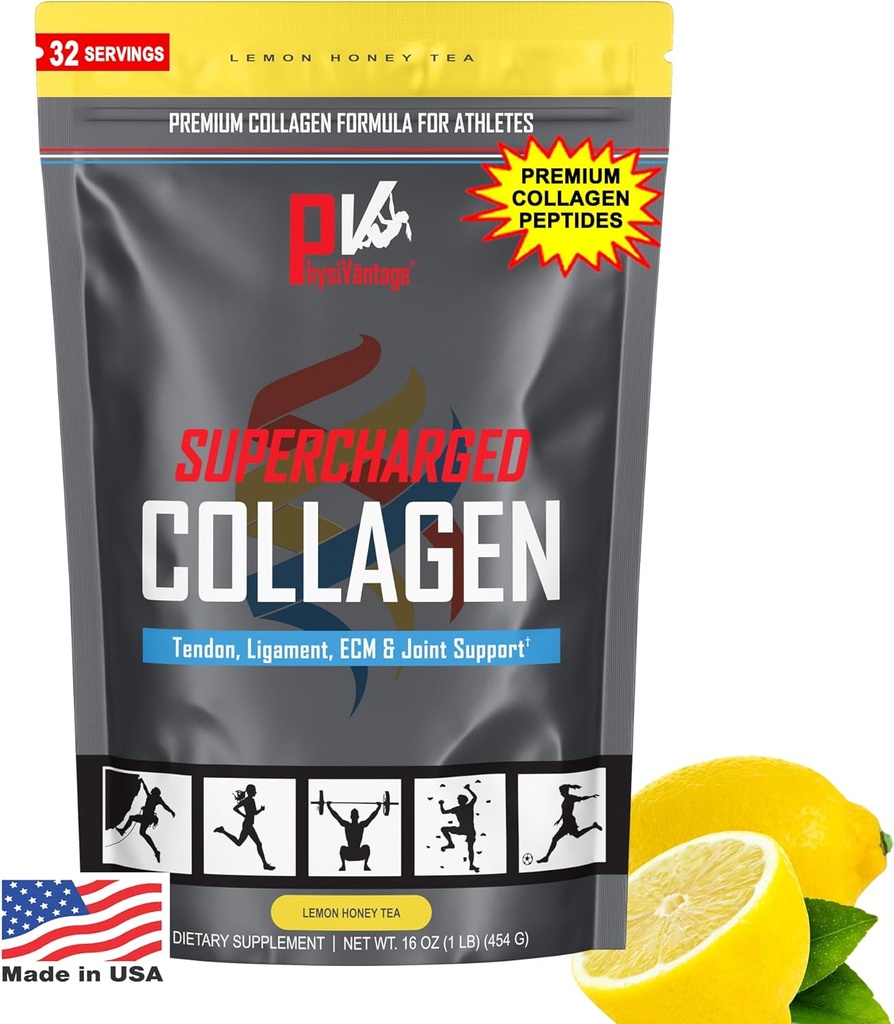 PhysiVantage Supercharged Collagen Peptides Powder - Hydrolyzed Collagen for Joint, Tendon, Ligament, " Skin Health - Lemon Honey Tea, Keto, Paleo, 16oz ANTE Enhanced with Vitamin C, BCAAs, Grass-Fed