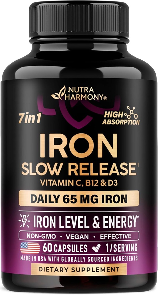 Suplemento de hierro para mujeres - Iron 65mg (Sulfato ferroso 325mg) - Stomach Friendly TEN Slow Release Iron TEN High Absorption - Vitaminas C, D3, B6, B12 &amp; Folate - Nivel de hierro &amp; Energy Support - 60 cápsulas