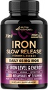 Suplemento de hierro para mujeres - Iron 65mg (Sulfato ferroso 325mg) - Stomach Friendly TEN Slow Release Iron TEN High Absorption - Vitaminas C, D3, B6, B12 &amp; Folate - Nivel de hierro &amp; Energy Support - 60 cápsulas