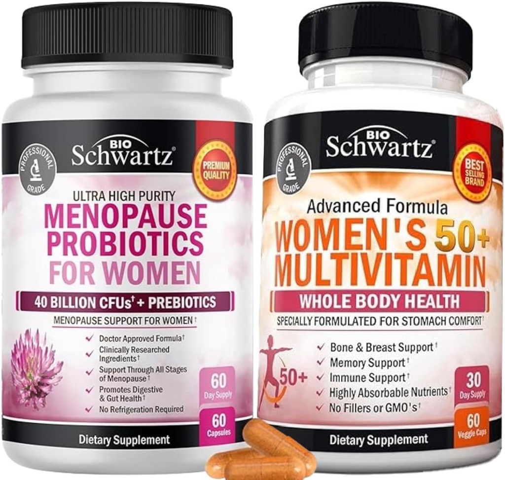 BioSchwartz Probiotic Menopause Supplement for Women (2 Month Supply) Plus Daily Multivitamin for Women 50 &amp; Over (1 Month Supply)