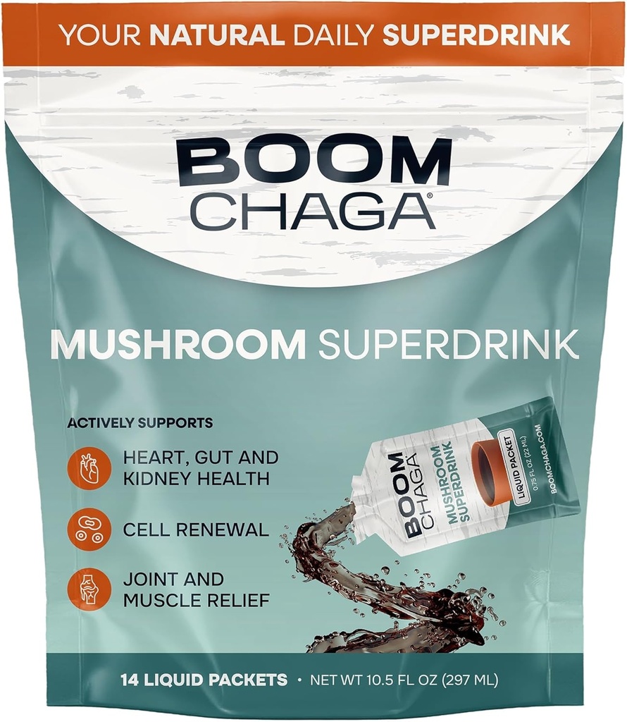 Superdrink de hongos, Concentrado líquido con antioxidantes para antiinflamación e inmunodeficiencia, Beta-Glucans para la salud del corazón, sin oxalato, 14 paquetes de un solo aire