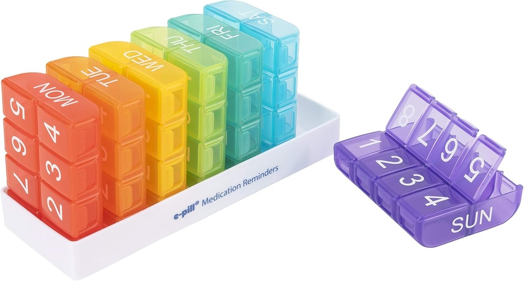 e-Pill 8 veces por día x 7 días organizador semanal de píldoras, vitamina y caja de medicina - Multicolor