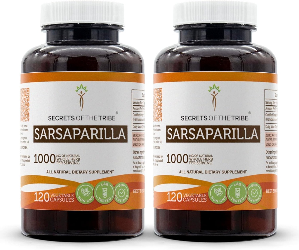 Secretos de la Triba Sarsaparilla 120 Capsules(2 pcs.), 1000 mg, Sarsaparilla (Hemidesmus indicus) Root seco (2x120 cápsulas)