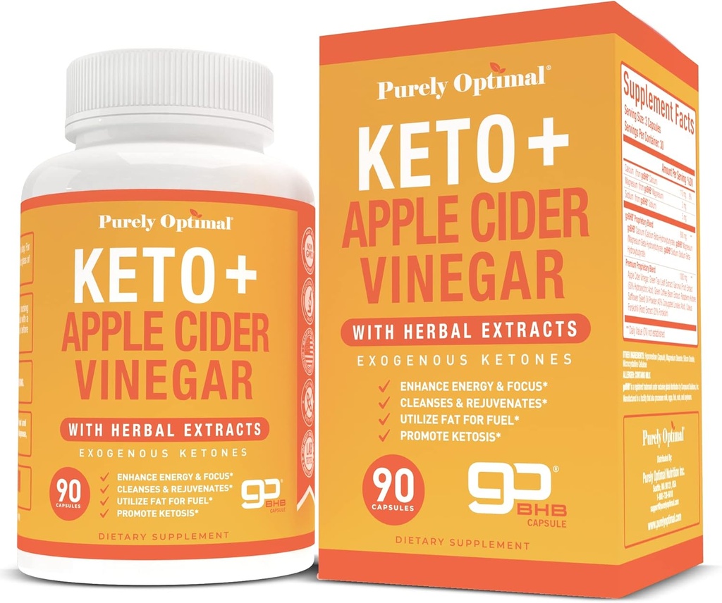 Keto puramente óptimo + ACV Cápsulas con BHB - Apoyos Energía, Limpia y Salud Digestiva - Suplemento avanzado de Keto para un estilo de vida equilibrado - 90 cápsulas