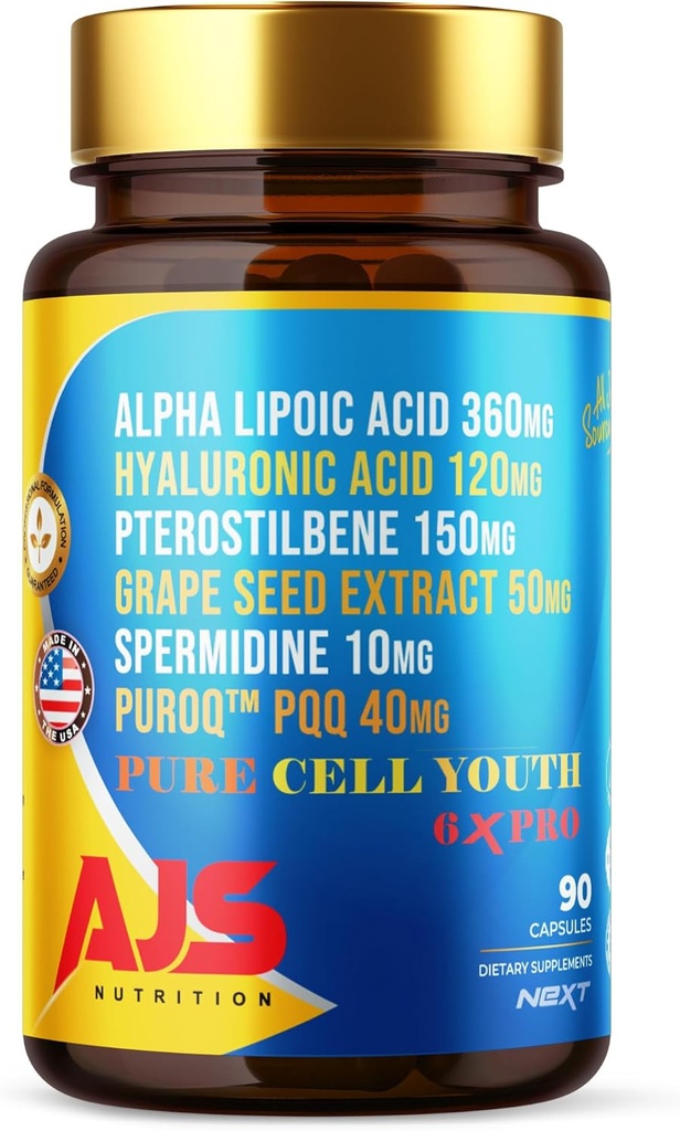 AJS Pure Cell Youth 6X PRO, 90 cápsulas -PQQ 40mg, R-Lipoic Acid 360mg, Sodium Hyaluronate 120mg, Pterostilbene 150mg, Grape Seed Extract 50mg, Spermidine 10mg