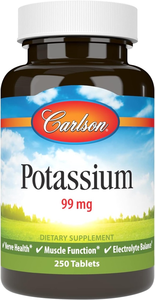 Carlson - Potasio, 99 mg, promueve la función de la salud del nervio, 250 tabletas