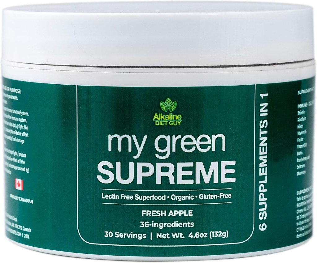 My Green Supreme Organic 6 in 1 Premium Superfood Supplement - Lectin Free and Gluten Free - 30 Servings (4.6 oz) - Fresh Apple Flavour - Disfruta en un Smoothie o Añadido a cualquier bebida