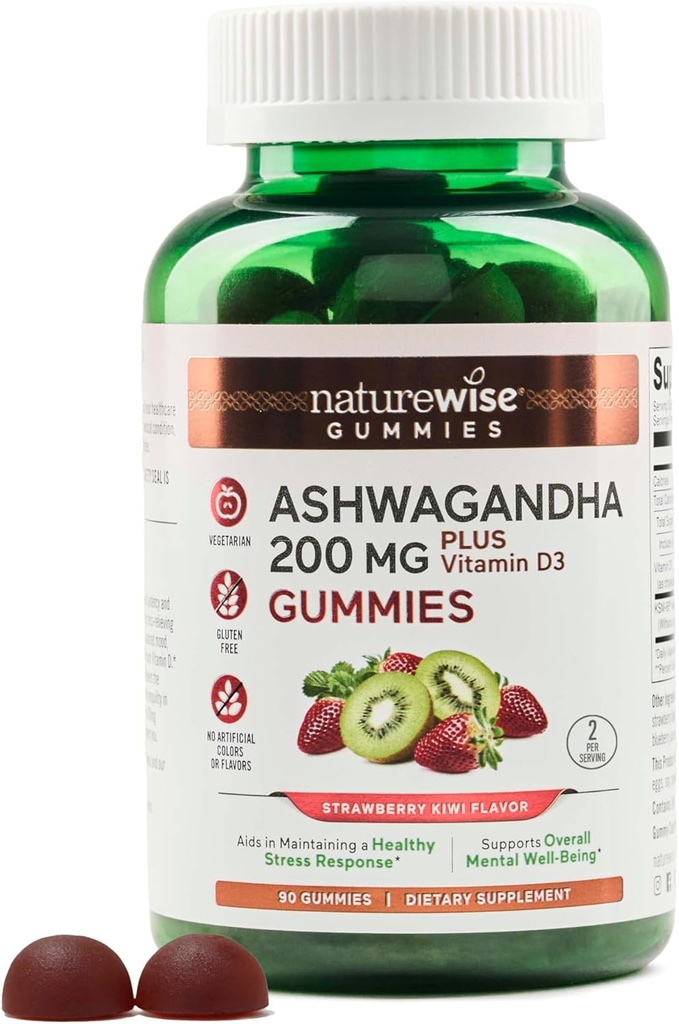 NatureWise Ashwagandha Gummies - Strawberry Kiwi - KSM-66 con vitamina D3 - Mood Calming Support - Vegetarian - Non-GMO, Gelatin y Gluten Gratis - 90 Conde[45-Day Supply]