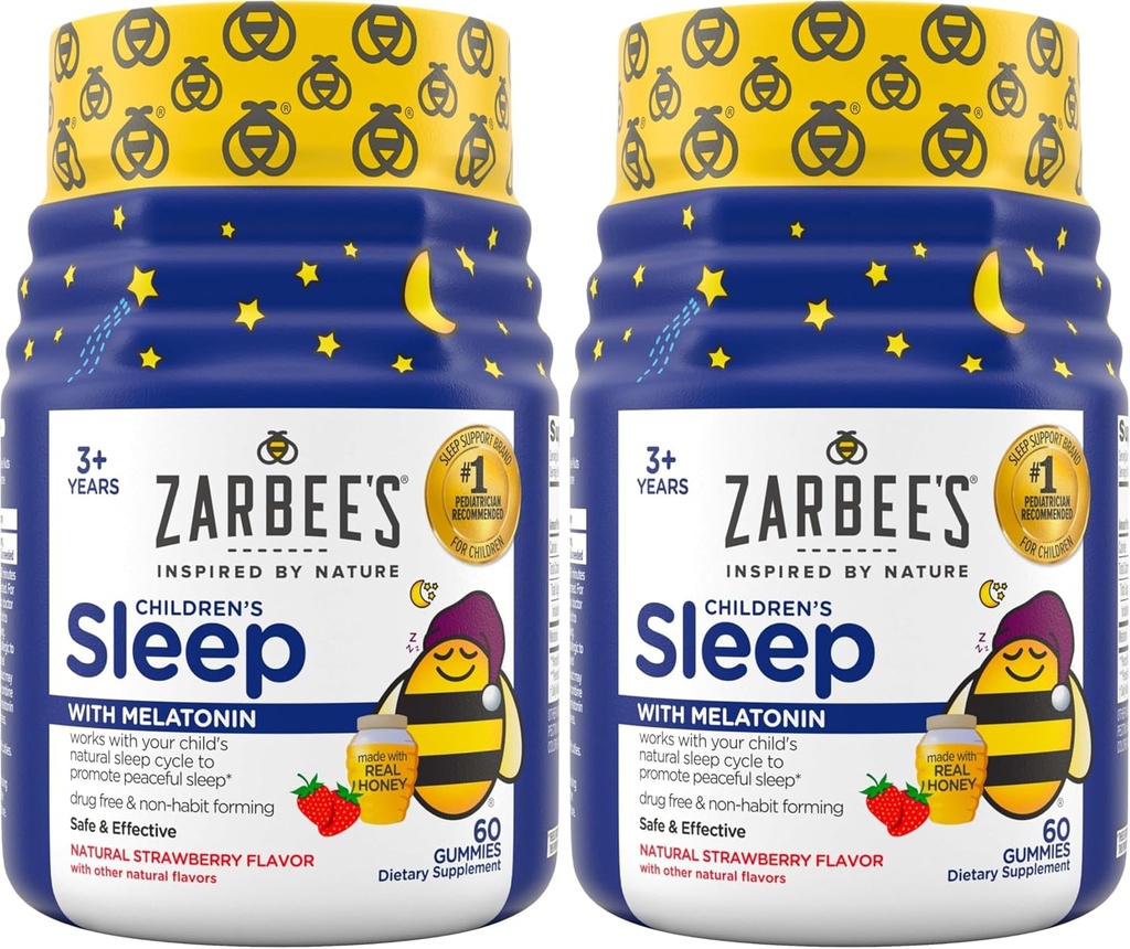 Zarbee's Children's Sleep Gummies with Melatonin, Non-Habit Forming Children's Sleep Gummies Work with Natural Sleep Cycles to Promote Peaceful Sleep, Drug-Free, Natural Strawberry, 60 ct (Pack of 2)