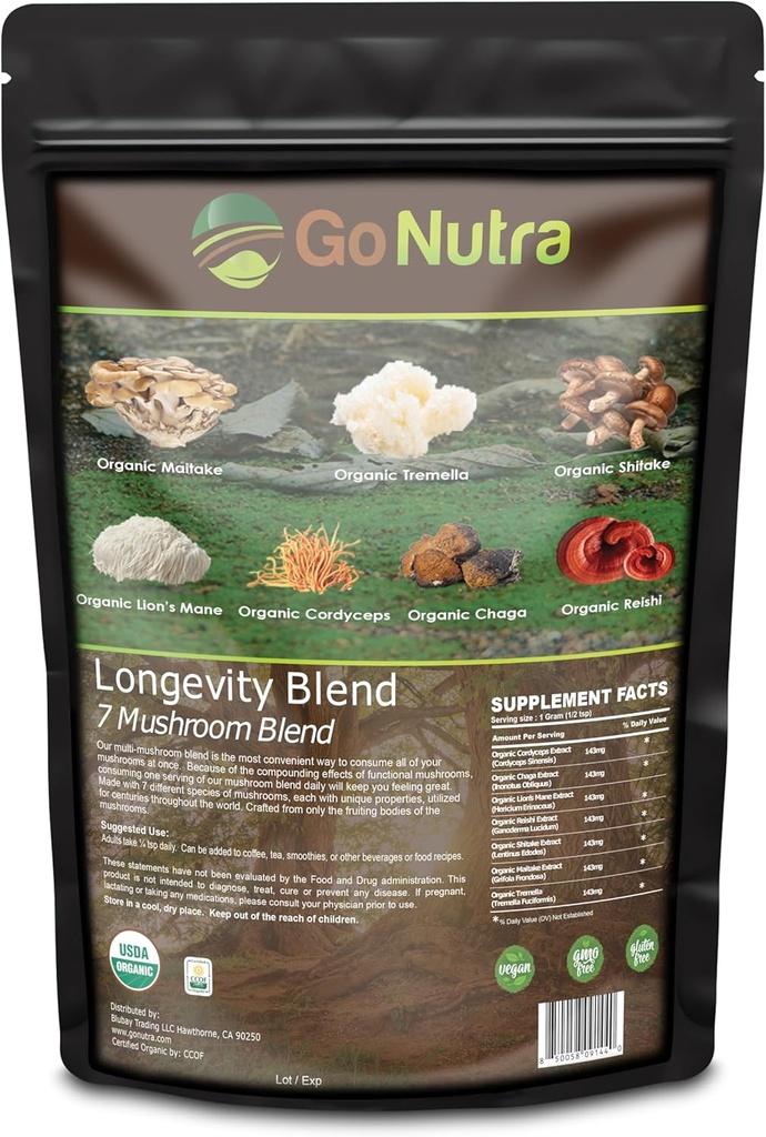 Go Nutra - Suplemento Orgánica 7 Mushroom, Powder de Mushroom Longevity con Mane de León, Chaga, Shiitake, Maitake, Reishi, Tremella y Cordyceps Mushroom, No GMO, Libre de gluten, Vegan, 4 oz