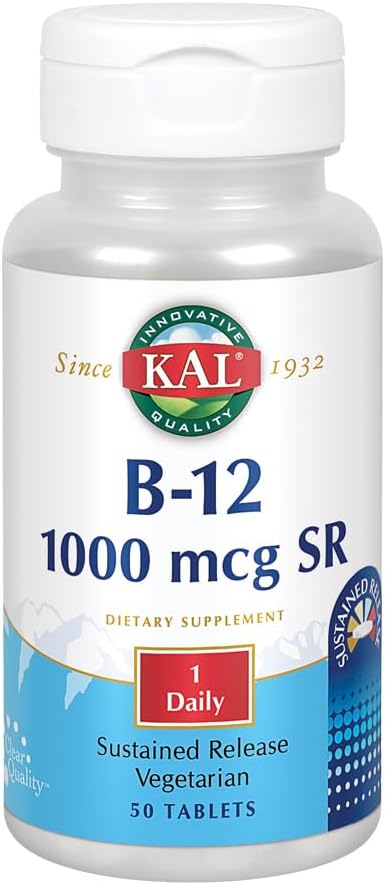 KAL B-12 1000 mcg Sustained Release ← Metabolismo Saludable, Energía, Nerve &amp; Red Blood Cell Support ← Vegetarian ← Lab Verified ← 50 Tablets