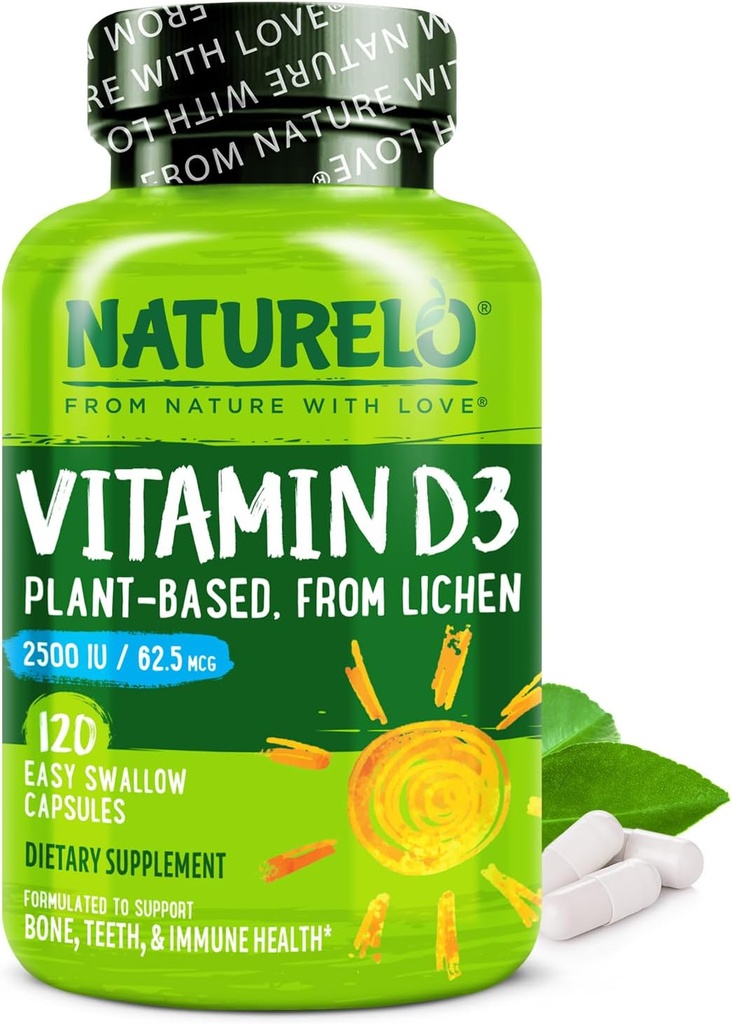 NATURELO Vitamina D - 2500 UI - Planta Basada en Lichen - Natural D3 Suplemento para Sistema Inmunitario, Soporte de Huesos, Salud Conjunta - Vegan - No GMO - Gluten Gratis - 120 cápsulas