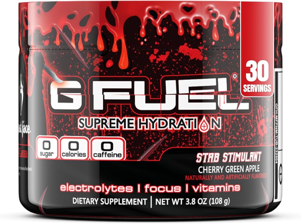 G Fuel Electrolyte Powder, Cherry Green Apple, Stab Stimulant, Zero Sugar and Caffeine-Free Hydration Mix with Electrolytes and Vitamins, 3.8 oz (Ghost Face, 30 Servings)