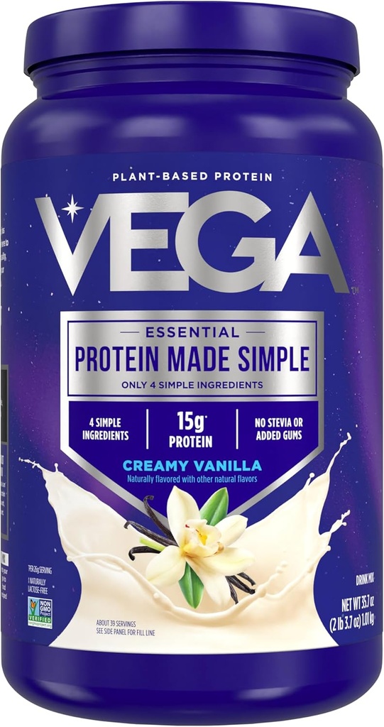 Vega Protein Fabricado Simple Protein Powder, Vainilla - Stevia Gratis, Vegan, Planta Basada, Saludable, Gluten Gratis, Pea Protein for Women and Men, 2.2 libras (Packaging May Vary)