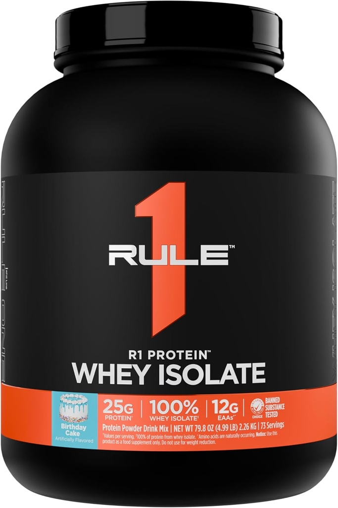 Regla 1 R1 Protein Whey Isolate - Con 25g Protein &amp; 6g BCAA Exclusivamente de Fuentes Hidrolyzed Isoladas para la recuperación del entrenamiento (5 libras*, pastel de cumpleaños)