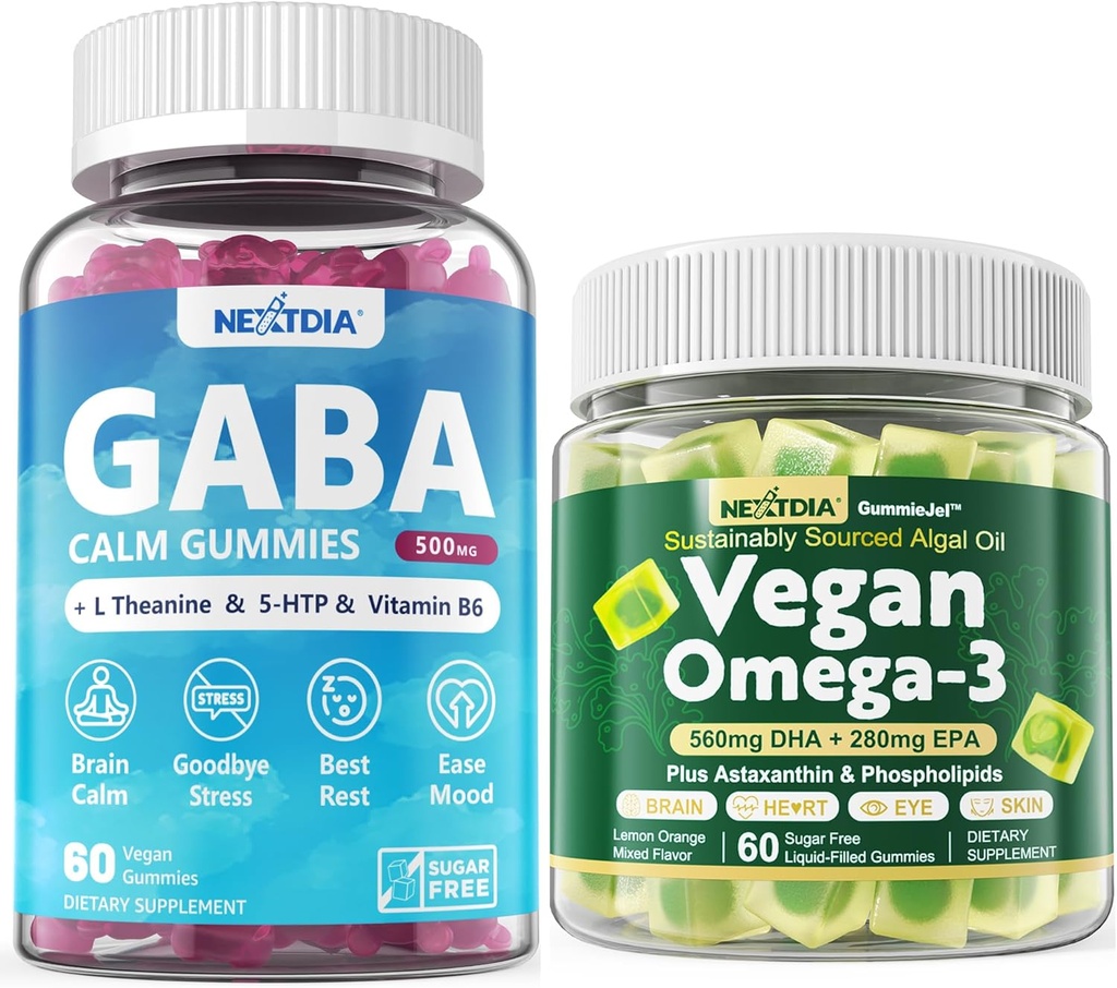 Vegan Omega 3 Gummies 1 Pack + GABA Gummies Azúcar Gratis 2 Pack