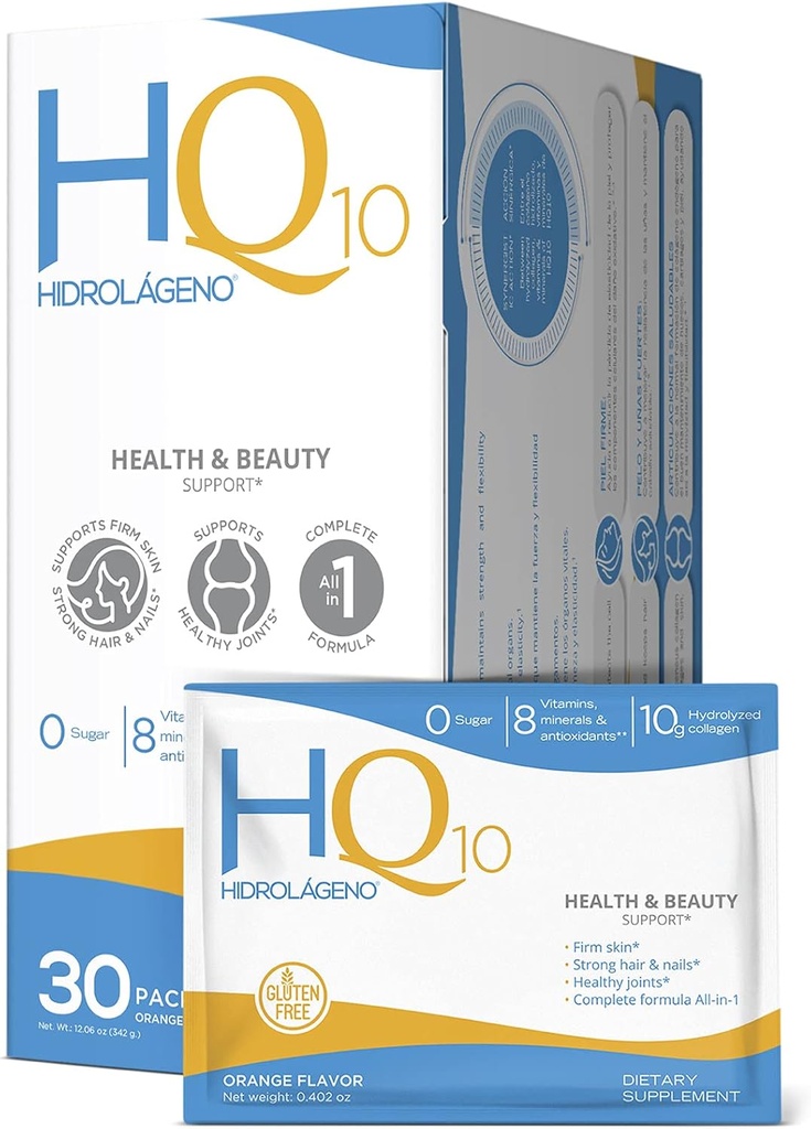 Hidrolageno Q10, Collagen hidrolizado, Vitaminas, ZINC, Antioxidantes, 30 sachets por paquete, 4.2 onzas, Pack de 1