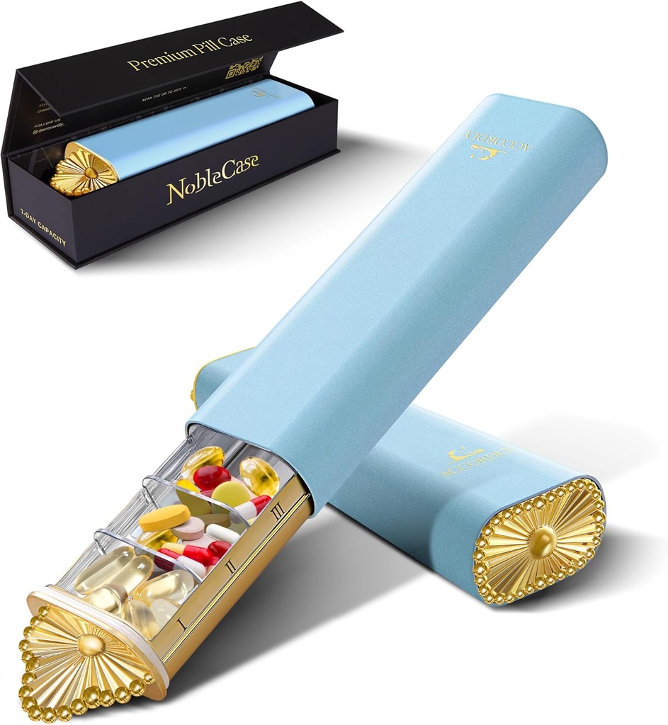 Premium organizador semanal de píldoras, caja compacta de 7 días para purse, caja de aluminio de oro ligero para vitaminas, medicina, suplementos, regalo de bienestar de lujo