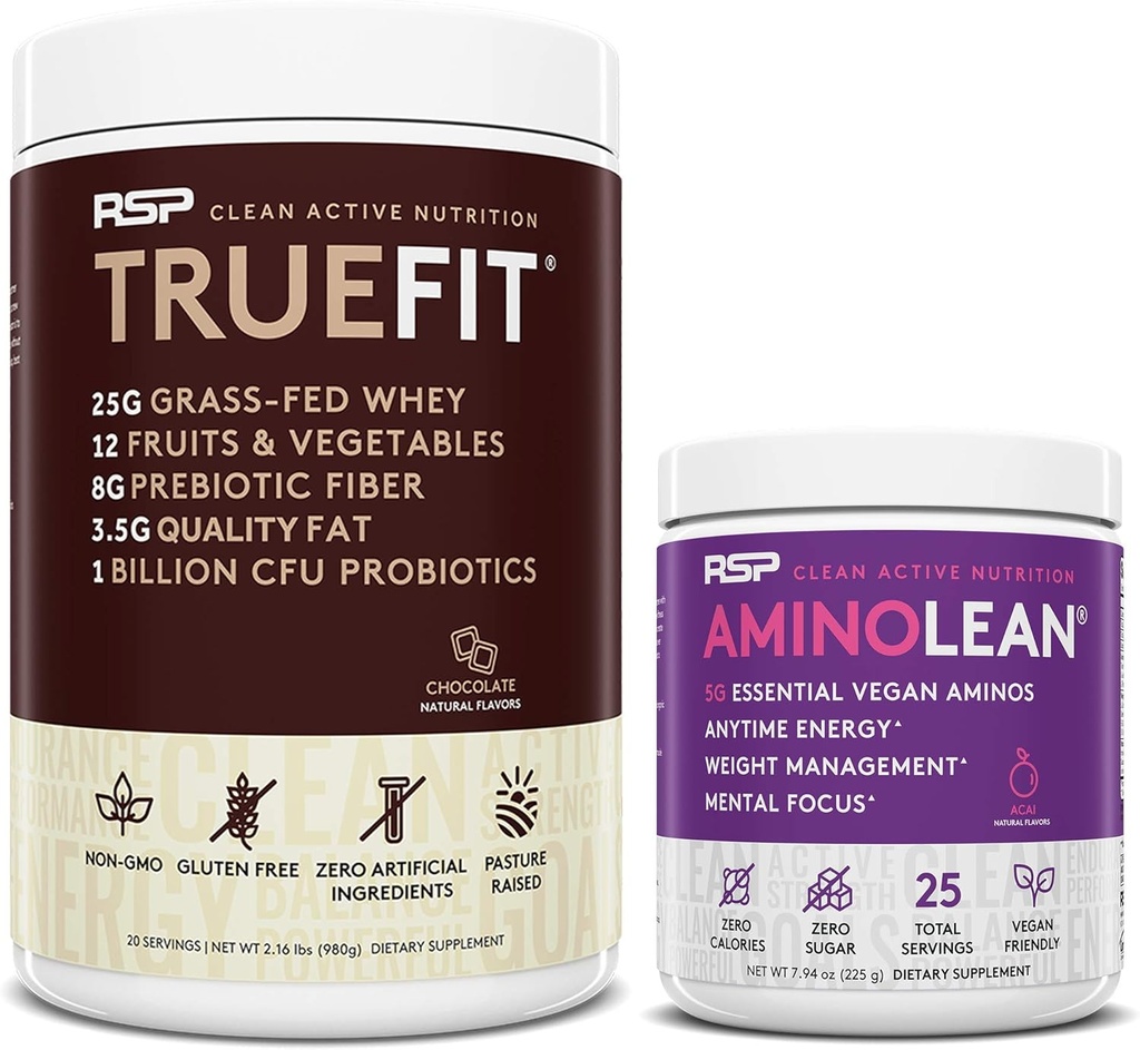 RSP NUTRITION Vegan AminoLean Pre Workout Energy (Acai 25 Servings) con TrueFit Protein Powder (Chocolate 2 LB)