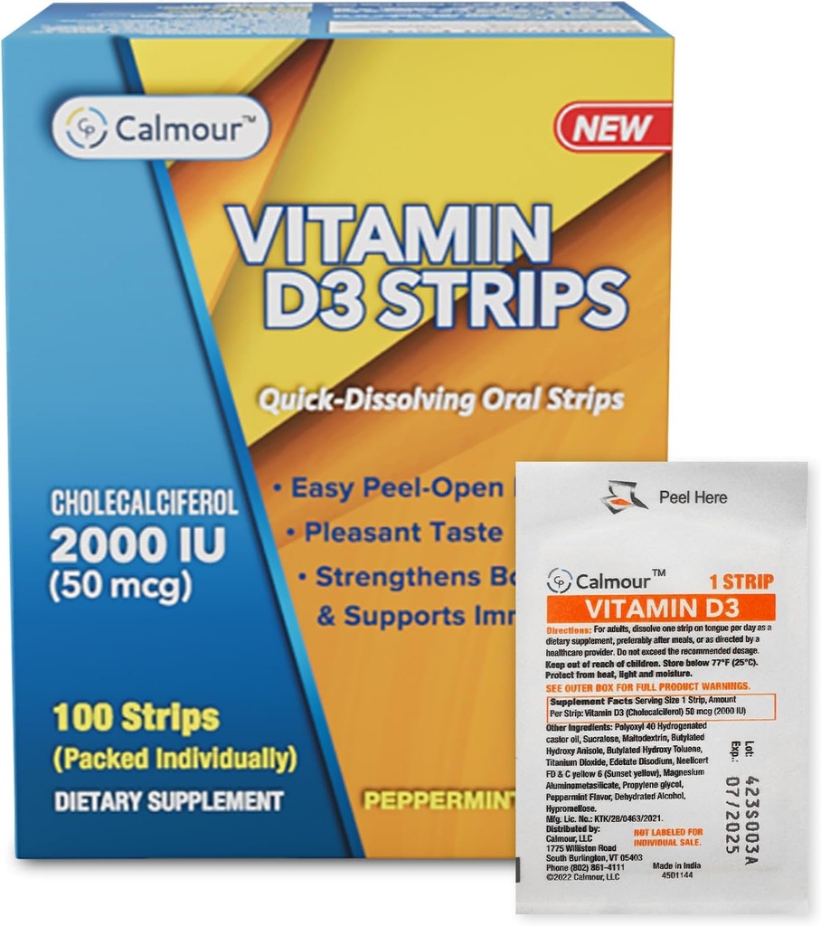 Vitamina D3 Strips 100 Pack Anterior 2000 IU Oral Dissolvable D3 Vitamin Strips ← Peppermint Flavor Melts on Your Tongue in 30 Seconds peru Boost Immunity ' Enhance Mental Focus with Vitamin D3 2000
