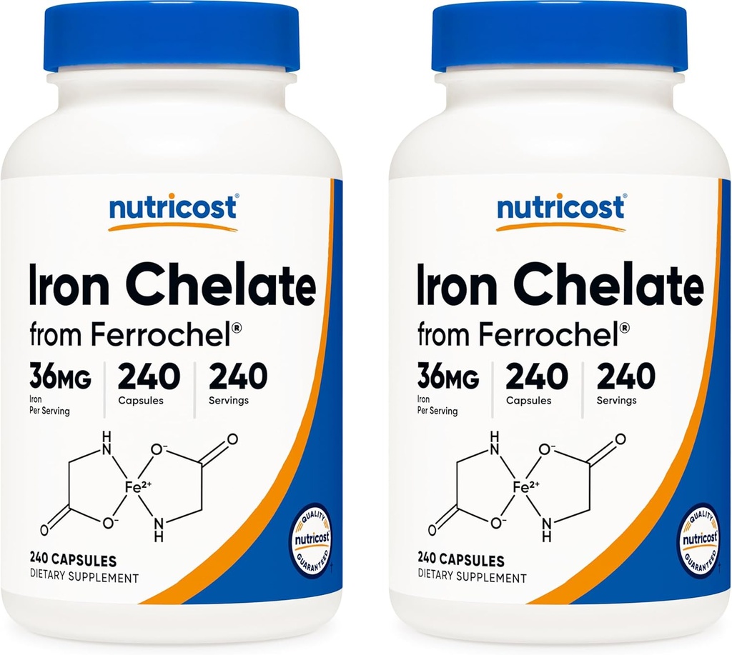 Nutricost Hierro Chelatado, Como Ferrochel, 36 mg, 240 cápsulas (2 botellas)