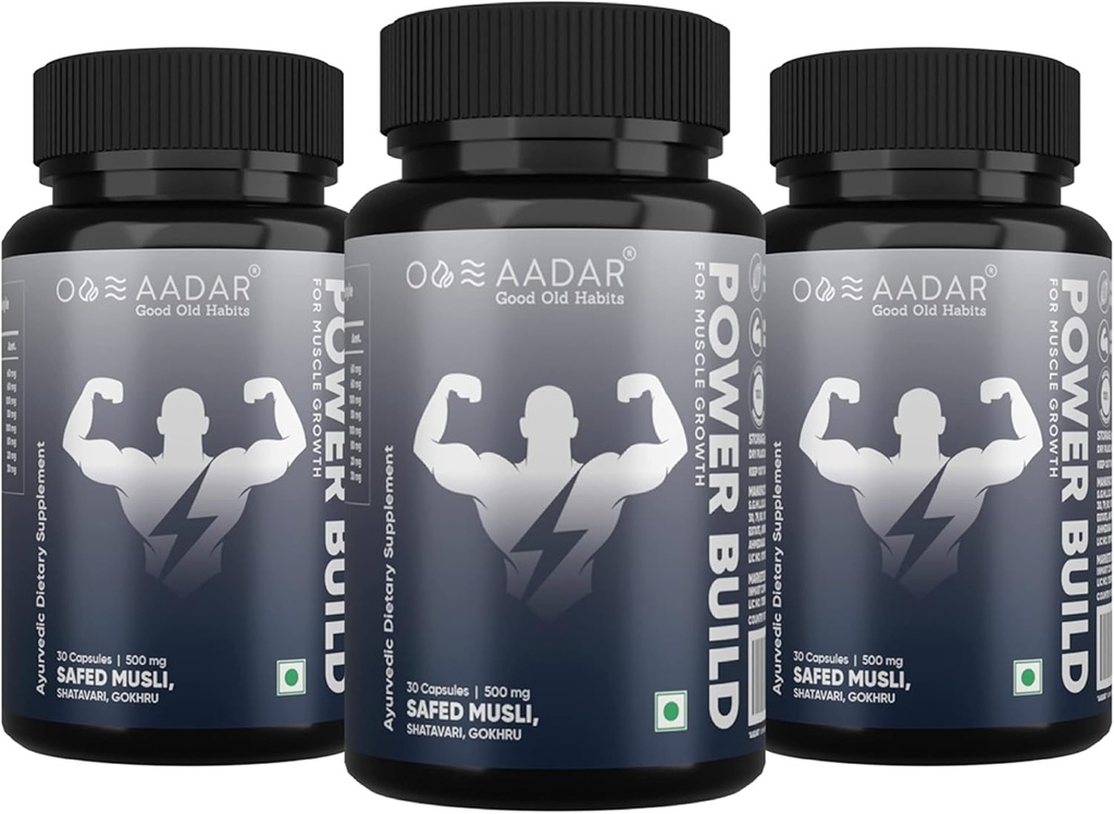 AADAR Power Build ¦ Ayurvedic Real Muscle Mass Gainer ← Mejora el rendimiento & Boost Metabolism ¦ (Safed Musli, Gokhru, Shatavari) 30 Capsules (Pack 3)