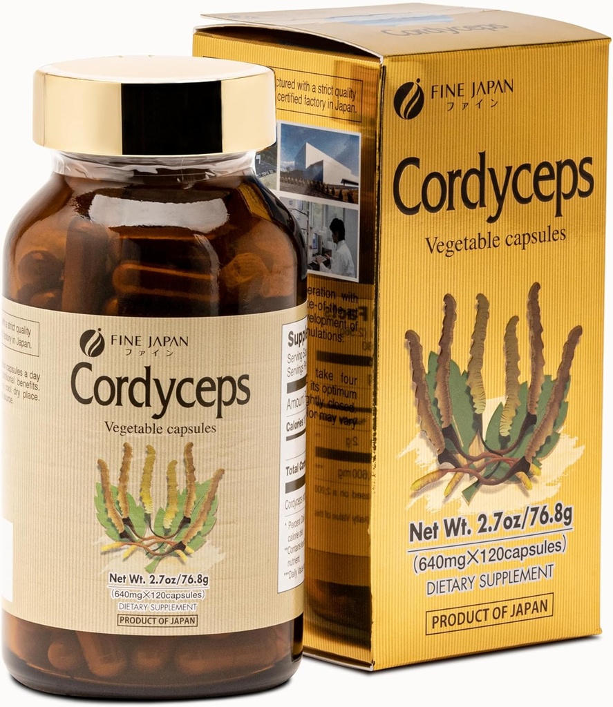 FINE JAPAN Cordyceps Mushroom Capsules - Premium Cordyceps Militaris y Sinensis Extracto para beneficios óptimos de salud, Cordyceps 100% Authentic en cápsulas fáciles de cambiar