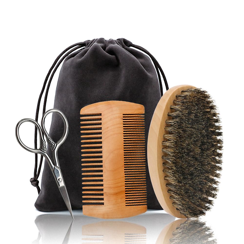 Cepillo de barba de pelo &amp; Pelo, Tijeras Set para Hombres, Set Incluye cepillo de brisa suave, bambú de dientes anchos, y tijeras de cortar bigotes, estirar &amp; suavizar su barba