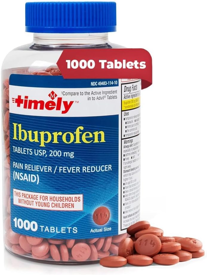 Lágrimas de hora, INC. Ibuprofeno a tiempo 200mg 1000 Tabletas - Tablas de alivio de dolor y reducción de fiebre - para el alivio de dolor de cabeza, dolor menstrual, dolores de dientes, músculo, dolor de artritis