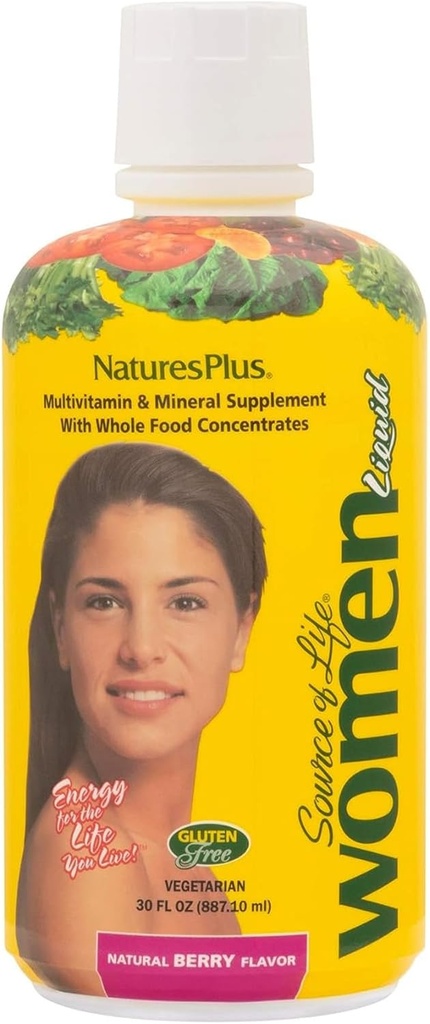 Natures Plus Fuente de Vida Mujeres Liquid Multivitamin- 30 fl oz - Natural Berry Flavor - Whole Foods & Minerals - Energía, Salud y Defensa contra el estrés - Vegetariano, Libre de gluten - 30 Servings