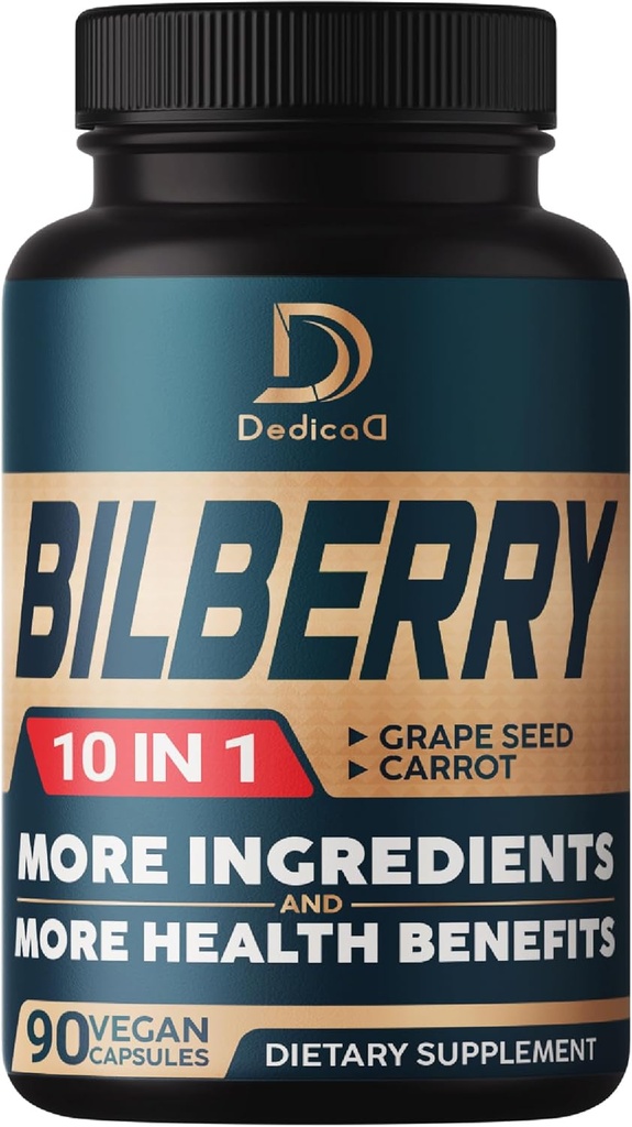 10in1 Extracto de Bilberry para Ojos Suplemento de 3 Meses - Equivalente 9260mg con semilla de uva, carrote, aderberry, Eyebright, Quercetina &amp; Más hierbas - No GMO, Gluten Gratis - 90 cápsulas Vegan