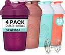 GOMOYO 4-Pack - 20 Ounce Shaker Botella, Protein Shaker Wire Whisk x4, Bulk Protein Bebida y Pre-Workout Shaker Cups, Dishwasher Safe &amp; BPA Gratis