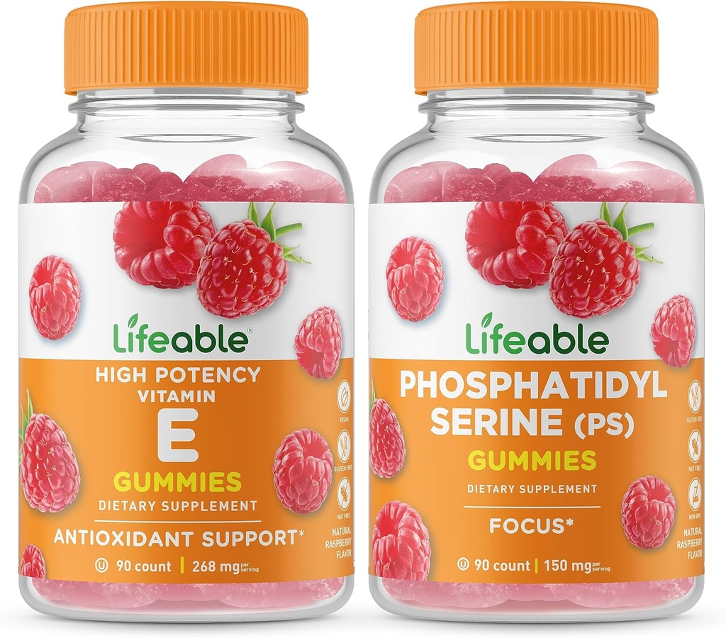 Vitamina Lifeable E + Phosphatidylserine (PS), Gummies Bundle - Gran Tasting, Suplemento de vitamina, Gluten Free, GMO Free, Chewable Gummy