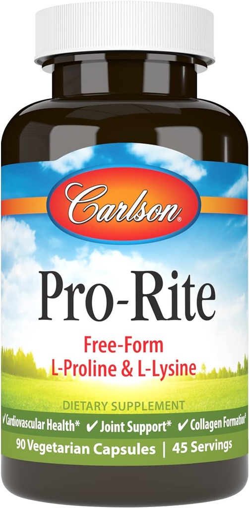 Carlson - Pro-Rite, Free-Form L-Proline " L-Lysine, Health, Joint Support " Collagen Formation, 90 cápsulas