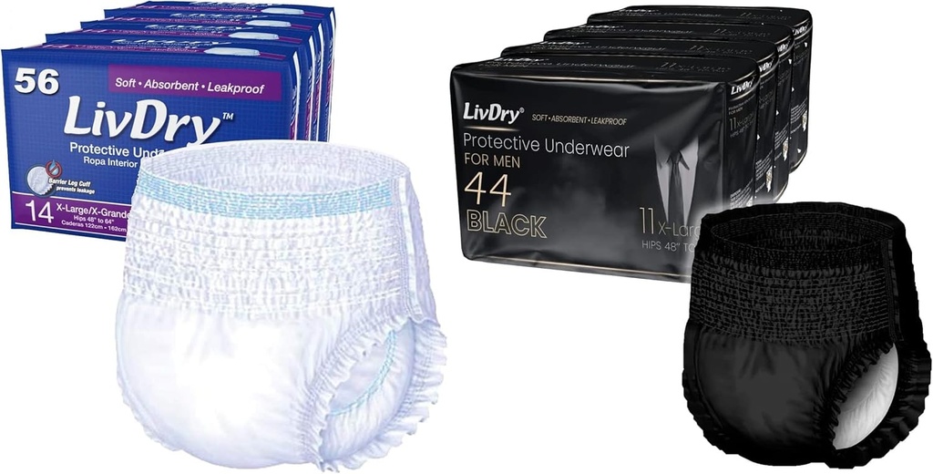Ropa interior de incontinencia de adultos de LivDry, Absorbencia Extra con serie negra para hombre Bundle - Extra Grande, Caso