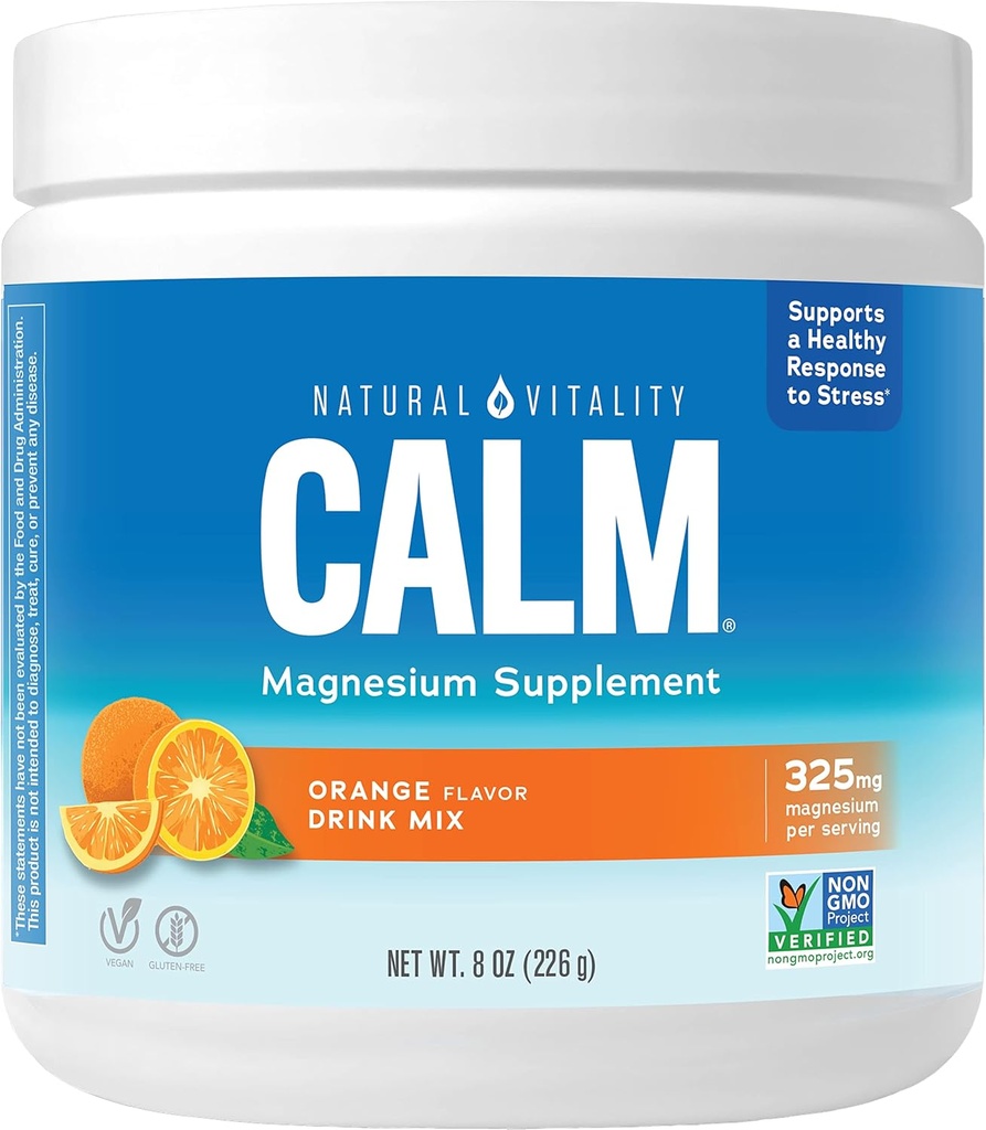 Natural Vitality Suplemento de Magnesio Calma, Anti-Stress Drink Mix Powder, Gluten Free, Vegan, " Non-GMO, Orange, 8 oz