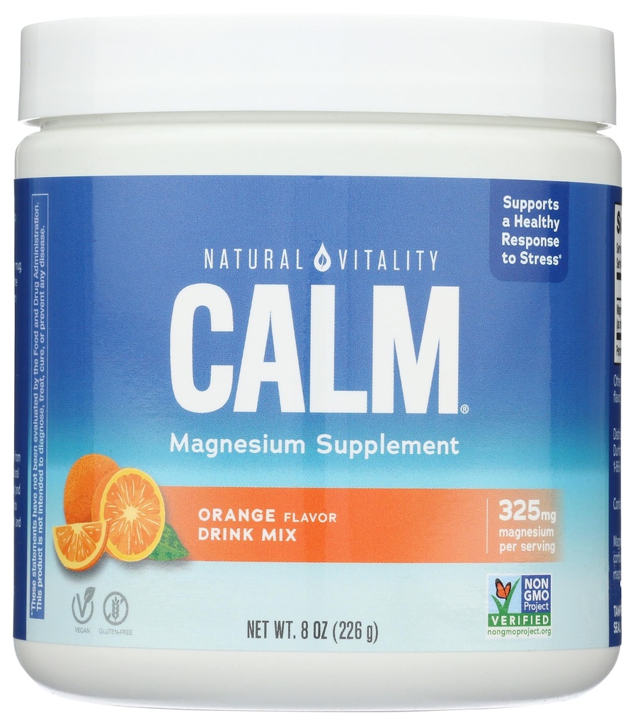 Natural Vitality Suplemento de Magnesio Calma, Anti-Stress Drink Mix Powder, Gluten Free, Vegan, " Non-GMO, Orange, 8 oz