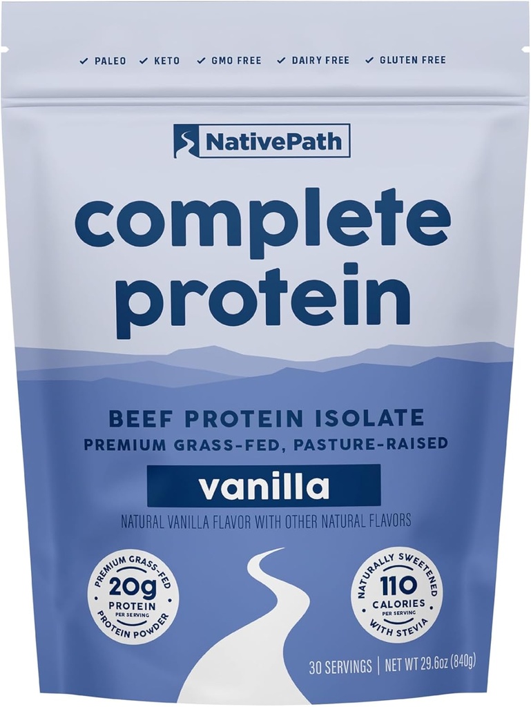 NativePath Isolato completo de proteína de carne de vaca - Grass-Fed, Pasture-Raised, Dairy & Lactose Gratis, Gluten Free, Zero Sugar, MCTs & Aminoácidos – 20g Proteína, Vanilla Flavor, 30 Servimientos