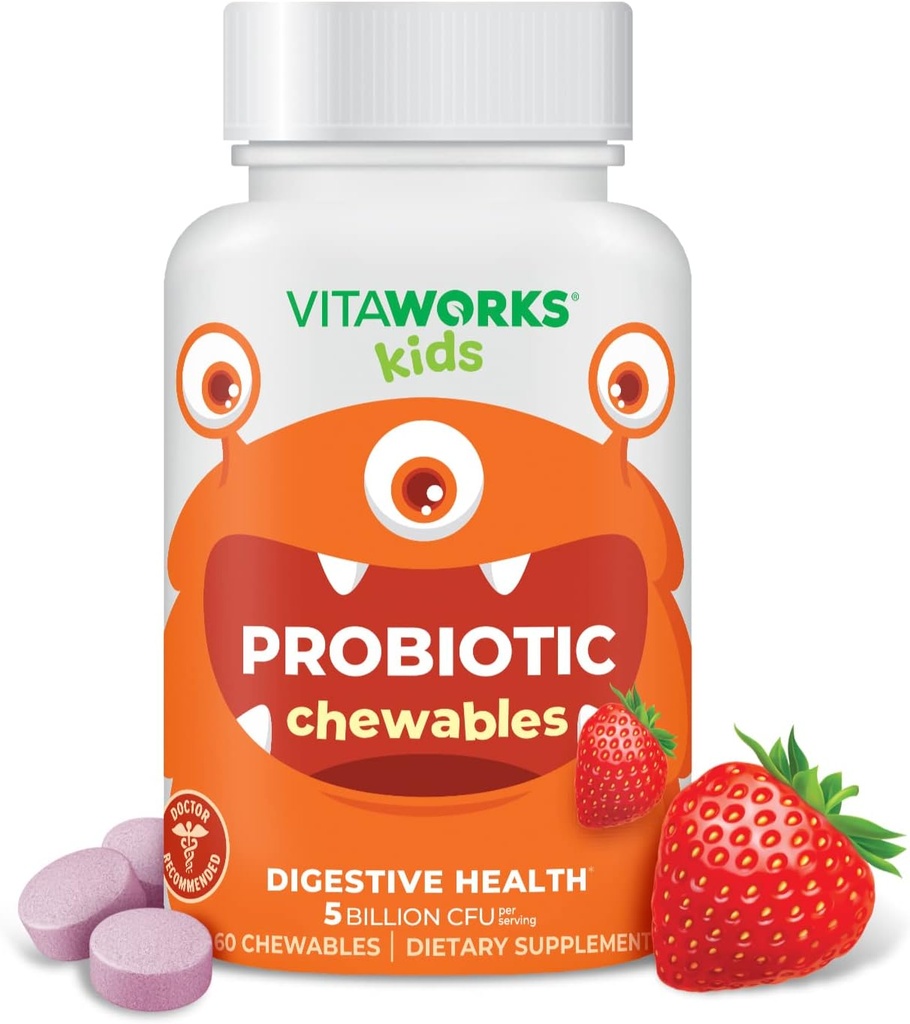 Niños Probiótico 5 billón CFU Acidophilus Blend con tabletas de fibra prebióticas - Sabor Berry - Vegan - Nut Gratis - Suplemento dietético - Probióticos para la salud digestiva - 60 Chewables