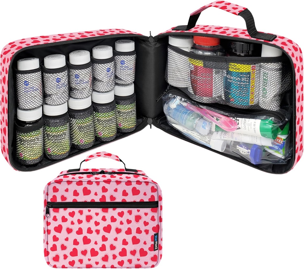 Gran organizador de botellas acolchadas, bolsa de medicina, caso, portador de medicamentos, vitaminas y suministros médicos - Organizador de medicina de viaje y bolsa de memoria de almacenamiento en casa - Corazóns (sin bloqueo)