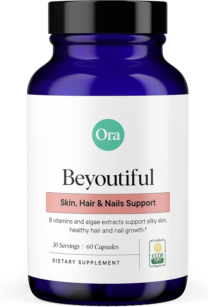 Ora Organic Hair, Skin, and Nails Support- BeYouTiful - Suplemento de belleza con vitaminas B y extractos de algas para el cabello y la piel saludables - 60 cápsulas Vegan