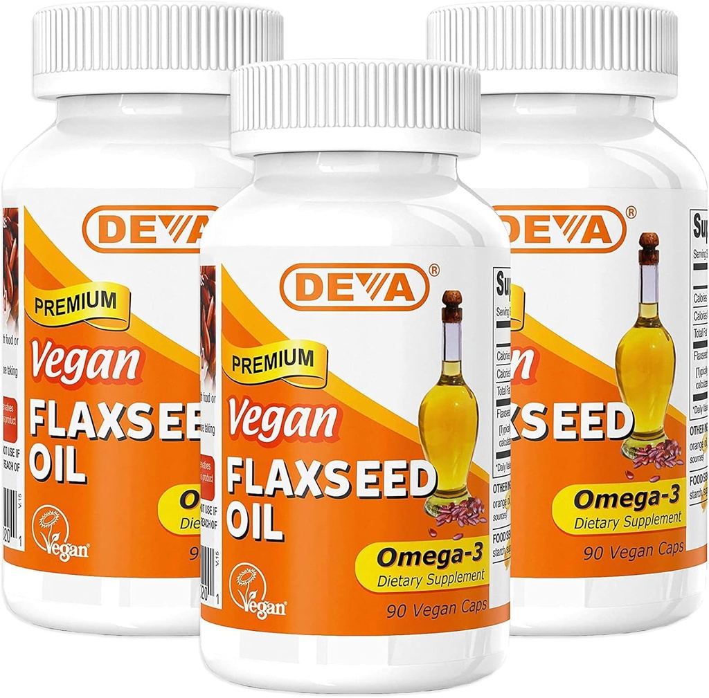 DEVA Vitaminas Veganas Orgánicas Flax Semillas Aceite - Rico en Omega-3, Frío-Pressed ' Unrefined - 90 cápsulas (Pack of 3)